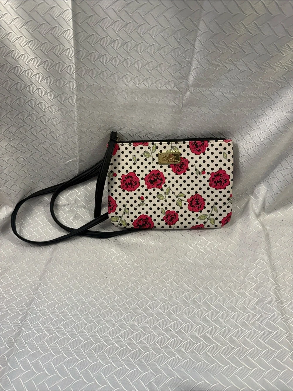 Betsey Johnson White Floral Polka Dot Crossbody Purse with Black Strap